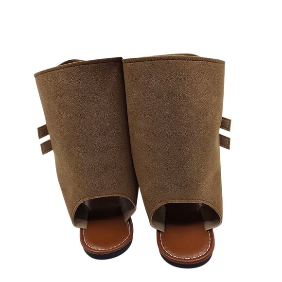 Women's Faux Suede Brown Cuff Mid-Calf Open Toe Slip-on Flat Sandals Size 8 (39) - Picture 4 of 6